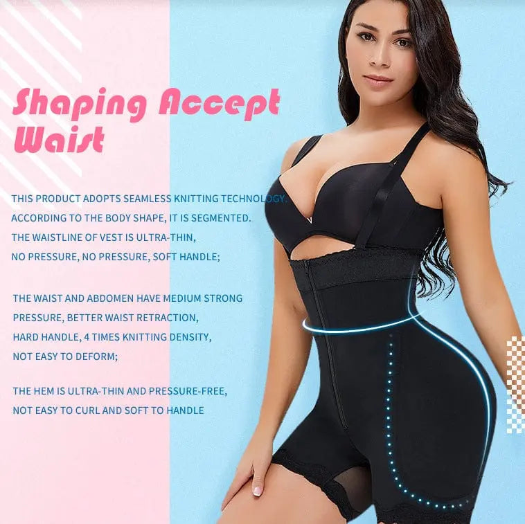 A woman in the Women Butt Lifter Shaper Bodysuit poses confidently, showcasing features like seamless knitting, tummy control, medium support, butt lift design, and a non-curling hem for comfortable shaping.