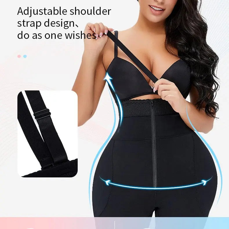 A woman wears the Women Butt Lifter Bodysuit with high-waisted tummy control, adjusting her strap as blue arrows highlight her curves. An inset shows the adjustable strap with text: Adjustable shoulder strap design, do as one wishes.