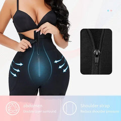 A woman models the Women Butt Lifter Bodysuit, featuring a front zipper, tummy control, and comfy shoulder straps. A close-up shows the zipper, while graphic arrows highlight targeted waist shaping and butt lift support.