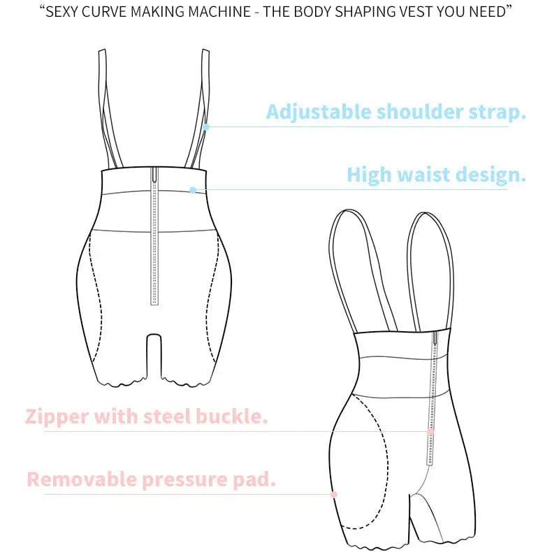 Line drawing of the Women Butt Lifter Bodysuit, showing adjustable shoulder straps, high waist design, zippered front with steel buckle, and removable pressure pad; product description lacks actual product information.