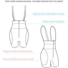 Line drawing of the Women Butt Lifter Bodysuit, showing adjustable shoulder straps, high waist design, zippered front with steel buckle, and removable pressure pad; product description lacks actual product information.
