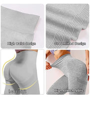 A four-panel image showing grey seamless high-waisted workout leggings with stretch fabric.