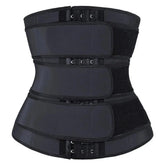 A black waist trainer with three adjustable velcro straps and front hook-and-eye closures.