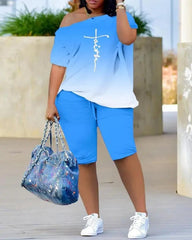 A woman stands outdoors on a patio wearing the Womens Two Piece Sets Outfit Melting Colors All Over Print Skew Neck Top & Shorts Set, paired with white sneakers and holding a large painted tote bag.