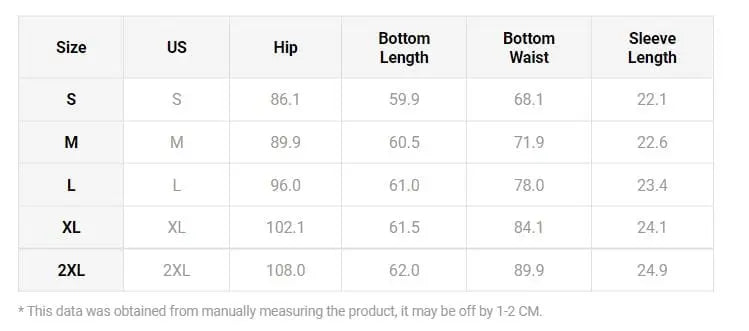 Size chart for Womens Two Piece Sets Outfit Melting Colors All Over Print Skew Neck Top & Shorts (S-2XL), with hip, bottom length, bottom waist, and sleeve length in cm. Note: Measurements may vary by 1-2 cm.