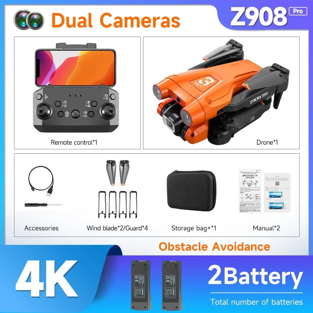 Product image of the Z908 Pro Drone Professional 4K HD Camera Mini4 kit: features a folded orange quadcopter, remote, accessories, propeller guards, storage bag, manuals, two batteries, and three-sided obstacle avoidance with dual 4K HD cameras.