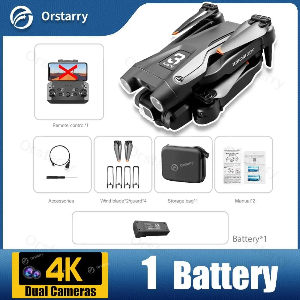 Product image of the Z908 Pro Drone Professional 4K HD Camera Mini4, a foldable black quadcopter with three-sided obstacle avoidance, optical flow localization, remote control, wind blades, storage bag, manual, and 1 battery. Text features “4K Dual Cameras.”.