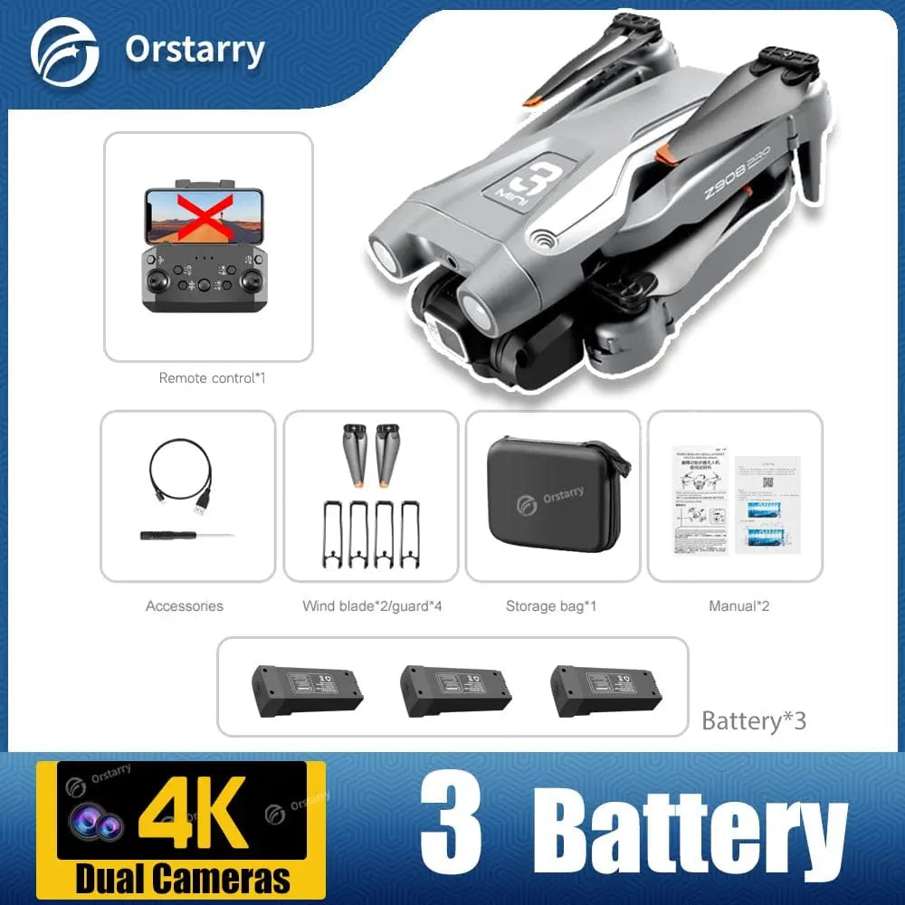 Image displays the folded Z908 Pro Drone Professional 4K HD Camera Mini4, remote control, storage bag, accessories, manual, and three batteries. Features highlighted include 4K HD camera and three-sided obstacle avoidance. "Orstarry" shown at top.