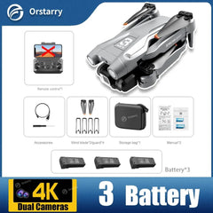 Image displays the folded Z908 Pro Drone Professional 4K HD Camera Mini4, remote control, storage bag, accessories, manual, and three batteries. Features highlighted include 4K HD camera and three-sided obstacle avoidance. "Orstarry" shown at top.