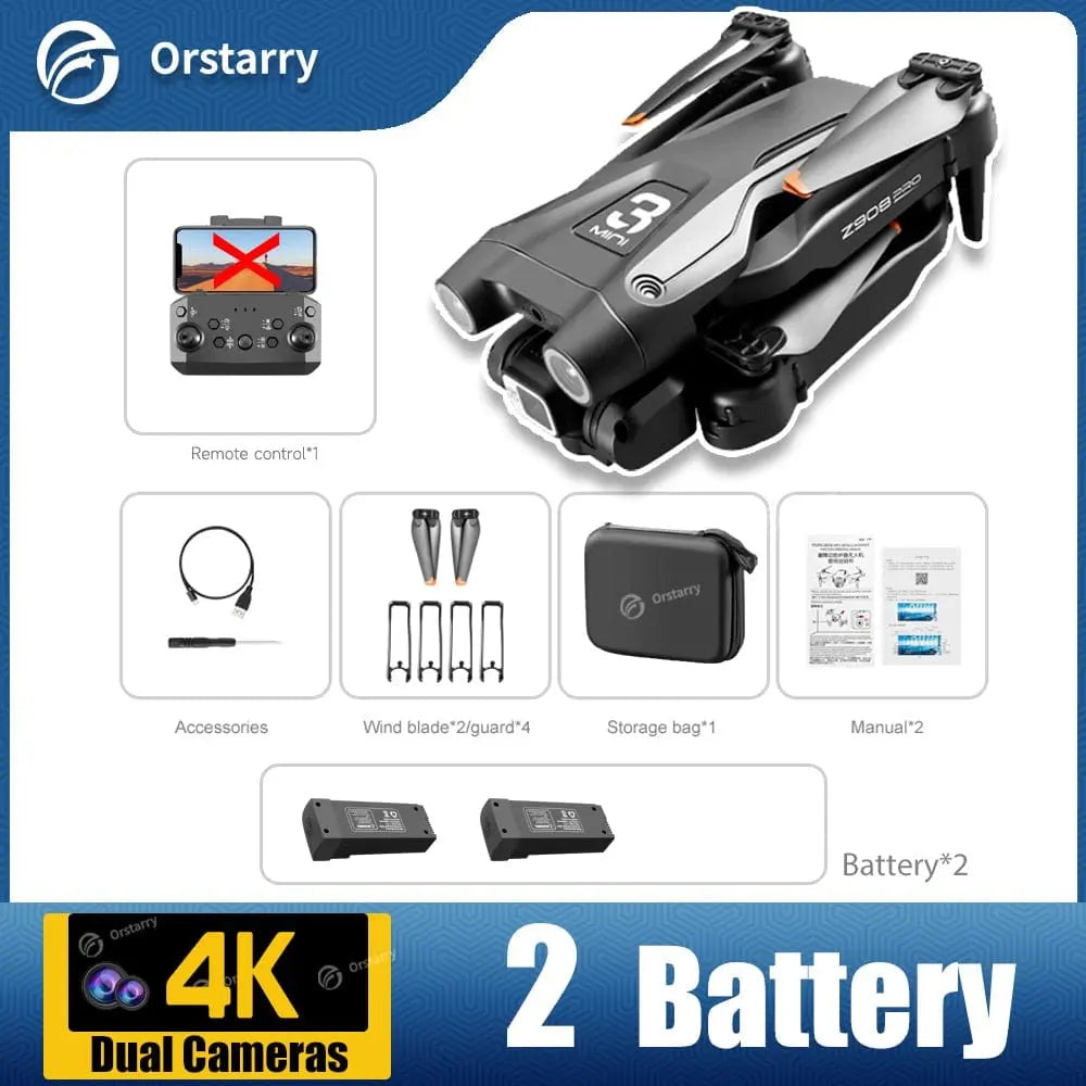Product image features the Z908 Pro Drone Professional with 4K HD dual cameras, three-sided obstacle avoidance, remote control, propeller guards, accessories, storage bag, manual, and two batteries. “2 Battery” and “4K Dual Cameras” text appears below.