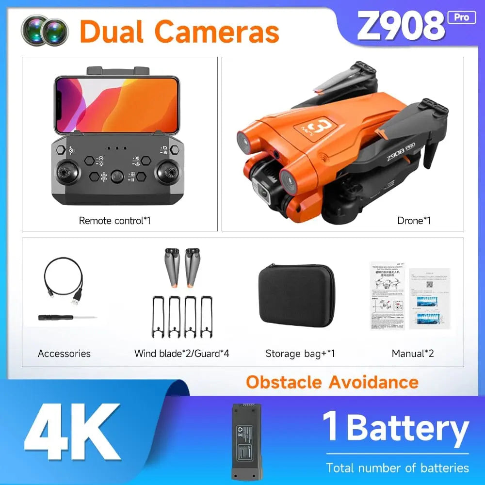 Image of the Z908 Pro Drone Professional 4K HD Camera Mini4 featuring optical flow localization, triple-sided obstacle avoidance, remote control, folded orange drone, wind blades, storage bag, manual, and one included battery.