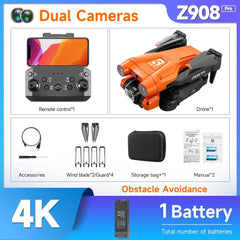 Image of the Z908 Pro Drone Professional 4K HD Camera Mini4 featuring optical flow localization, triple-sided obstacle avoidance, remote control, folded orange drone, wind blades, storage bag, manual, and one included battery.