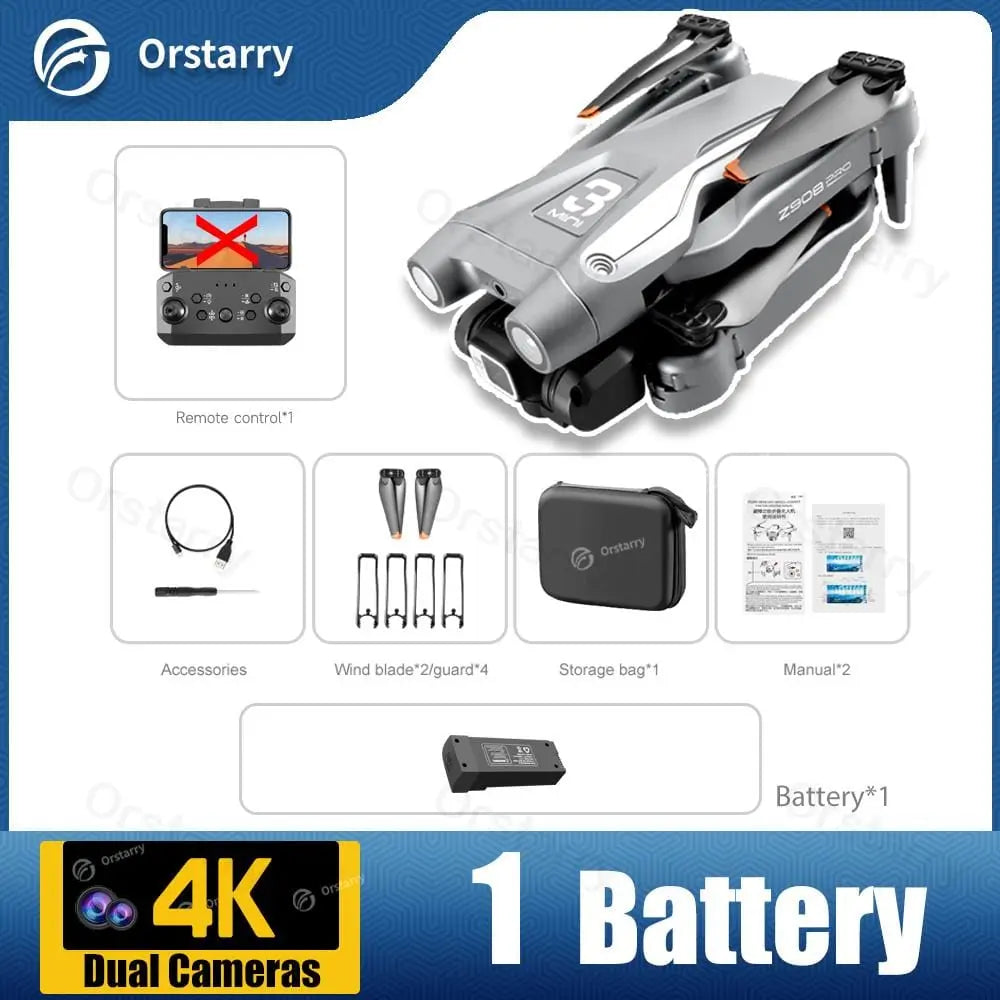 Product image features the Z908 Pro Drone Professional with 4K HD camera, optical flow localization, and three-sided obstacle avoidance. Includes remote, extra blades, storage bag, manual, and one battery for enhanced flight experience.