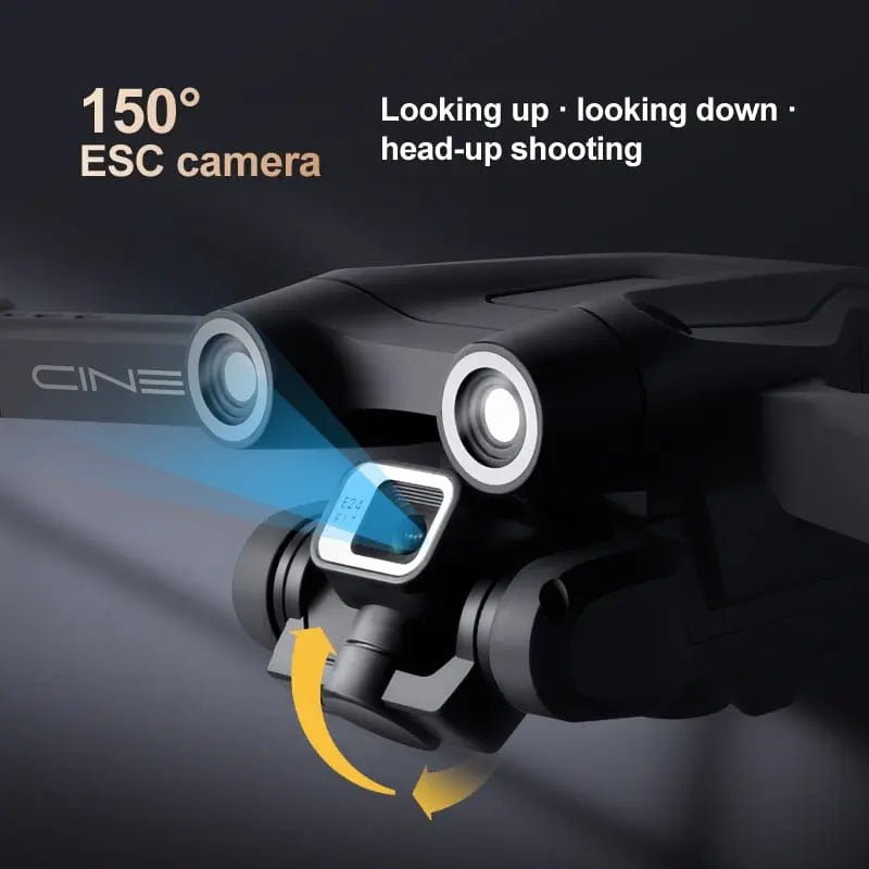 Close-up of the Z908 Pro Drone’s 4K HD camera with adjustable mount. Features like head-up shooting, looking up/down are shown with yellow arrows indicating movement on its Mini4, optical flow, obstacle-avoidance quadcopter design.