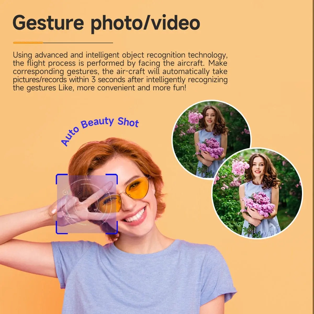 A smiling woman in blue with yellow glasses makes a peace sign for the camera. Insets show her with flowers. Text highlights gesture photo/video capture and auto beauty shot on the Z908 Pro Drone Professional 4K HD Camera Mini4.