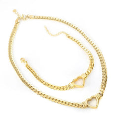 A gold-plated stainless steel jewelry set featuring a heart-shaped chain necklace and bracelet.