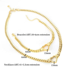 A gold-plated stainless steel jewelry set featuring a heart-pendant necklace and matching bracelet.