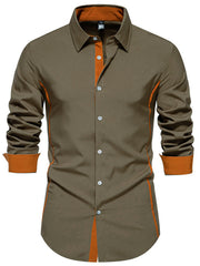 Men's contrast trim button-down shirt by Trendsi, featuring a classic fit and stylish color accents, displayed on a mannequin.