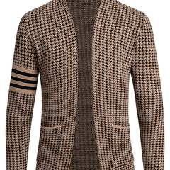 A tan and black houndstooth knit cardigan with three black stripes on the left sleeve.