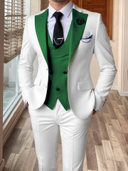 A slim-fit white three-piece suit featuring a green vest and notched lapels.