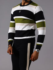 Men's Striped Color-Block Ribbed Knit Sweater - Long Sleeve Round Neck Pullover with Elastic Comfort Fit, Machine Washable Casual Fall Winter Top in Black/White/Green/Beige, Knit Sweater, Medium Elasticity