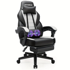 A black and white racing-style gaming chair with a headrest, lumbar support, and a footrest.
