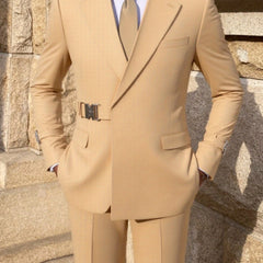 A tan two-piece suit featuring a metal buckle belt detail at the waist and a slim fit.