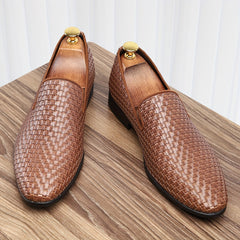 Men's Black & Golden Slip-On Loafers - Woven PU Upper, Rubber Sole, Comfortable Driving Shoes for Casual or Business Wear SHOWLU FASHION STORE