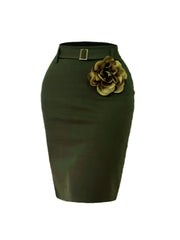 An olive green bodycon skirt featuring a matching belt and a large fabric flower applique.