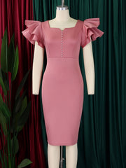 A dusty pink midi sheath dress featuring a square neckline, ruffled sleeves, and a pearl-button front.