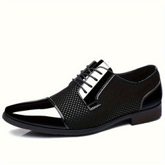 A black and white lace-up Oxford dress shoe with a textured pattern and a smooth, shiny finish.