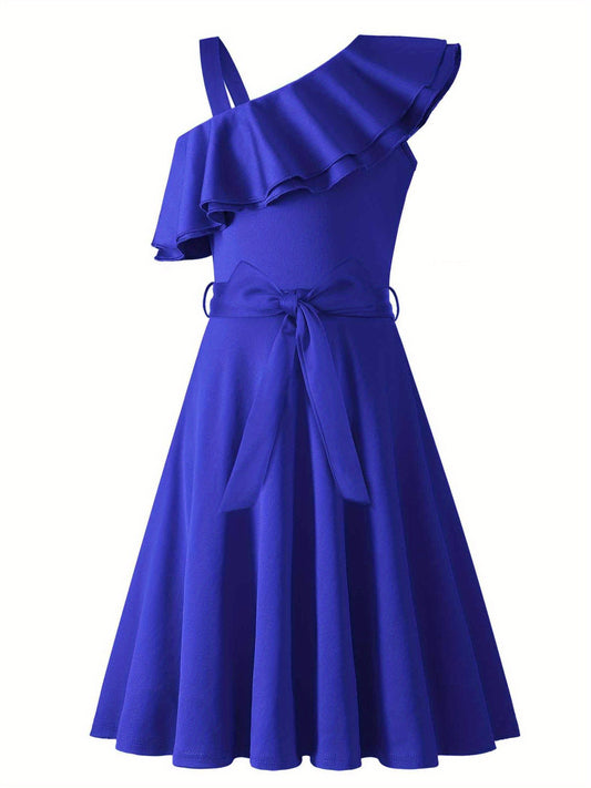 Girl's Sleeveless Polka Dot A-Line Dress with Ruffled One-Shoulder Design and Waist Bow - Black & White Summer Dress for Youngsters 5-12 Years