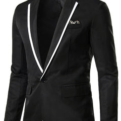 A black men's casual blazer featuring a white trim along the lapels and a patterned pocket square.