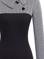 A slim-fit pencil dress featuring a black bodice and beige herringbone patterned sleeves.