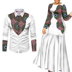 A man's long-sleeved shirt and a woman's long dress featuring matching African print accents.