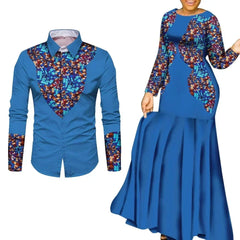 A matching set of blue African-style clothing featuring a patterned print for a man and woman.
