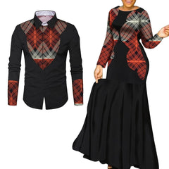 A man's long-sleeved shirt and a woman's long maxi dress featuring matching plaid patterns.