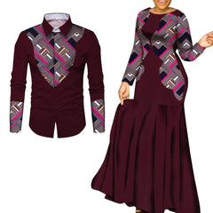 A man's long-sleeved shirt and a woman's maxi dress in matching maroon fabric with geometric prints.
