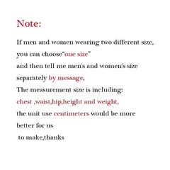 A note explaining how to order custom sizes for African couple clothing.