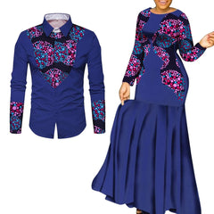 A man's long-sleeved shirt and a woman's long dress in matching blue fabric with polka dot prints.