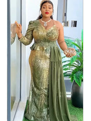 A woman wears a one-shoulder olive green sequined evening gown with a peplum waist and side drape.