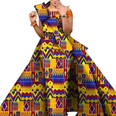 A woman wears a floor-length, off-the-shoulder dress featuring a vibrant, multicolored African print.
