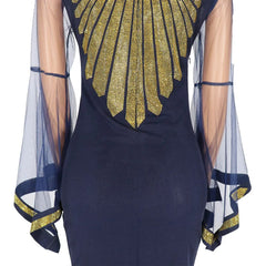 A navy blue mermaid dress with sheer flare sleeves and a gold rhinestone sunburst design.
