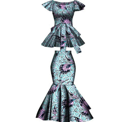 A two-piece set featuring a short-sleeved peplum top and a flared mermaid skirt in teal wax print.