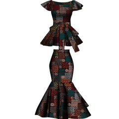 A two-piece set featuring a peplum top and a flared skirt in a patterned African wax print fabric.