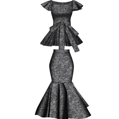 A black and white patterned two-piece set featuring a peplum top and a flared mermaid skirt.