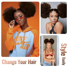 Three women model kinky curly afro puff drawstring ponytails in a synthetic hair style.