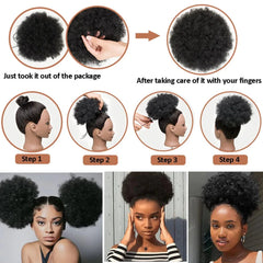 An afro puff drawstring ponytail with kinky curly synthetic hair for a voluminous bun style.