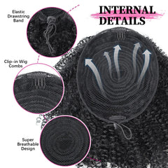 An afro puff drawstring ponytail extension showing internal clips, a mesh base, and a drawstring.
