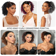 A collage showing various models wearing short kinky curly afro drawstring ponytail extensions.